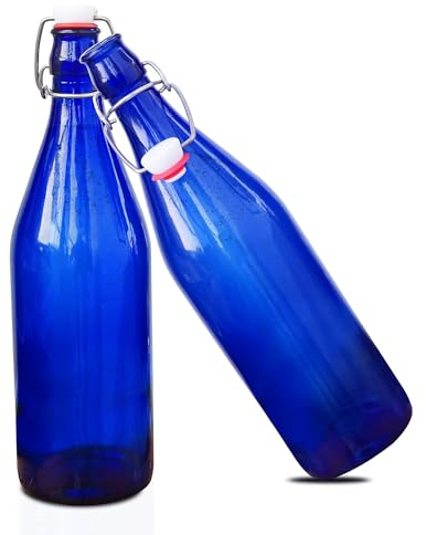 KWARE Vintage Style Glass Bottles 1 Litre Swing Top Bottles - Ideal for Domestic or Commercial Use - Fill with Water, Wine, Liquor, Oil, Beer, Schnapps or Cordials (Blue)