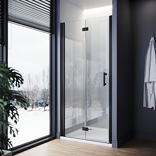 ELEGANT 900mm Black Bifold Shower Enclosure Frameless Bathroom Shower Doors 6mm Safety Bi-Fold Glass for Wetroom Shower Cubicles Reversible Folding Shower Door