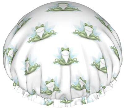 Lustige Yoga-Frosch-bedruckte Duschhauben für Frauen, wiederverwendbare elastische Badekappen, doppelte wasserdichte Schichten, Bade-Duschhut