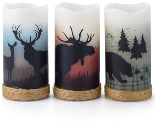 CANDLE IDEA Batteriebetriebene Echtwachs-Stumpenkerzen mit Hirsch, Elch, Bären-Aufklebern, flammenlose, flackernde LED-Kerzen mit Hanfseil und 6-Stunden-Timer, rustikale Heimdekoration