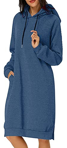 IQYU Ropa deportiva para mujer, vestido de blusa, cómodo vestido de sudadera, largo hasta la rodilla, sudadera holgada, otoño, invierno, minivestido de manga larga, monocolor, Marine, X-Large