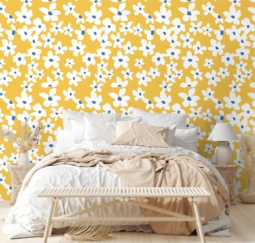 HAOKHOME Yellow Wallpaper Self Adhesive Stick on Wallpaper for Bedroom | Yellow/White/Blue Floral Textured Removable Wall Paper for Bathroom 3m x 44.5cm