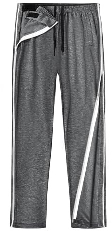 Unisex Tearaway Pants with 2 Side Zippers Snaps for Post Surgery Men Breakaway Pant Full Open Down Cotton Rip Off Sweatpants for Hip Replacement Grey M
