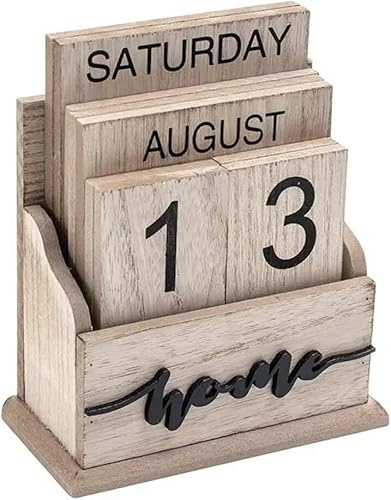 Perpetual Calendar Vintage Wooden Calendar with Wooden Blocks for Home and Office Desk Accessories Displaying Date Week and Month
