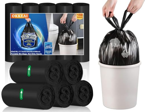 OKKEAI Müllbeutel 10L Mit Griffen, Schwarz, 150 Stück | Kleine, Reißfeste Müllsäcke, Geeignet für Bad und Toilette