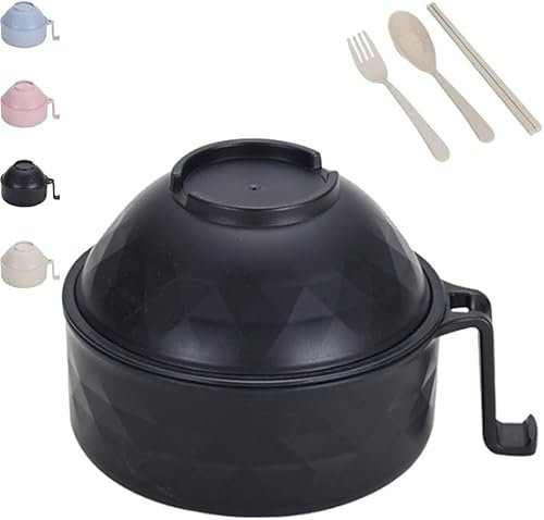 Ramen Noodle Bowls Microwavable Set with Lid, Instant Microwave Bowls with Handles, with Chopstick & Fork, Large Soup Cups Cooking with Soup Mup, College Dorm Room Essentials (Black)