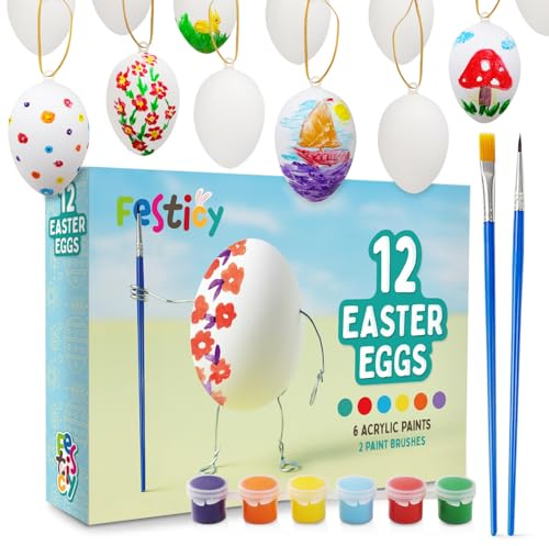 Festicy Oeufs de Paques Plastique a decorer avec 2 pinceaux et Peinture Acrylique I Oeufs de Paques, Deco Paques 2025 I Chasse aux Oeufs de Pâques, Cadeau Paques Enfant et Decoration (12)