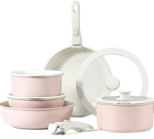 HJZSZX Juego de 11 ollas y sartenes antiadherentes, juego de utensilios de cocina de inducción con mango desmontable, antiadherente, rosa, uno