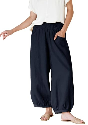 Xiaoxuemeng Womens Wide Leg Pants Cotton Linen Casual Baggy Pants Elastic Waisted Lounge Trousers with Pockets(Navy-L)