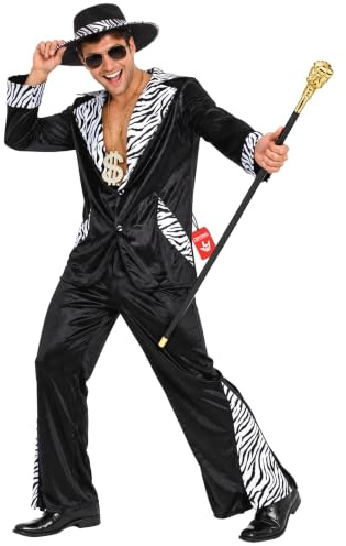 Morph Svart 70-talskostym för Herr - elegantsliknande Kavaj med Zebraprintdetaljer, Matchande Byxor & Hatt