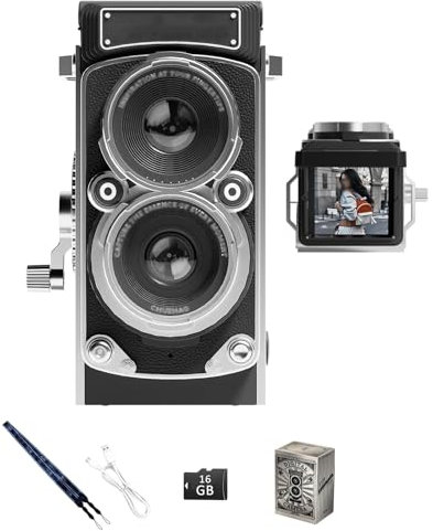 DOJOEUU Mini Appareil Photo numérique rétro, Appareil Photo Vintage avec Bascule Manuelle et Carte mémoire 16 Go, vidéo Full HD 1080p, autofocus 12 Mpx, focale 90 cm, Reflex Double Objectif, Compact