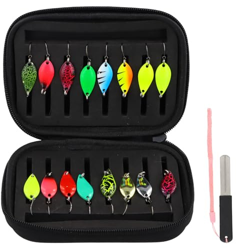 Forellen Spoon Set 16 Stück - Kunstköder Spinner Blinker Set mit Aufbewahrungsbox & Hakenschärfer - Angelköder für Forelle, Zander, Hecht, Barsch - Angeln Zubehör Werkzeug