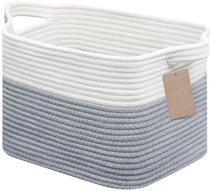 JOJOSEE Small Woven Storage Basket, Cotton Rope Basket for Shelves, Square Shelf Baskets for Home Bathroom Closet Organizer 33x25x22.5cm (White&Grey)