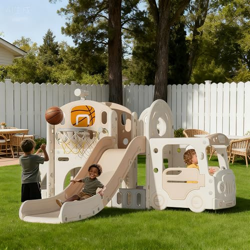 Kakbgee 8 en 1 Tobogán Slide, Mini Bus, Tobogán Infantil 2M HDPE - con Pasamanos, Escalones Antideslizantes, Túnel, Espacio de Almacenamiento, Parque Infantil de Interior y Exterior, 6 Meses+, Caqui