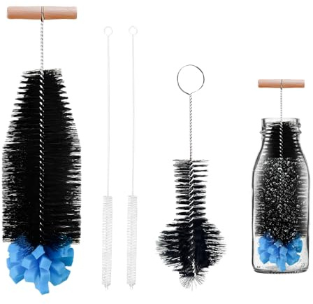 Juego de 4 cepillos para botellas, cepillo de 32,5 cm, cepillo de 21 cm, pajita de 30 cm, cerdas negras y esponja azul, ideal para botellas de vidrio Sodastream y botellas de plástico Duo (negro)
