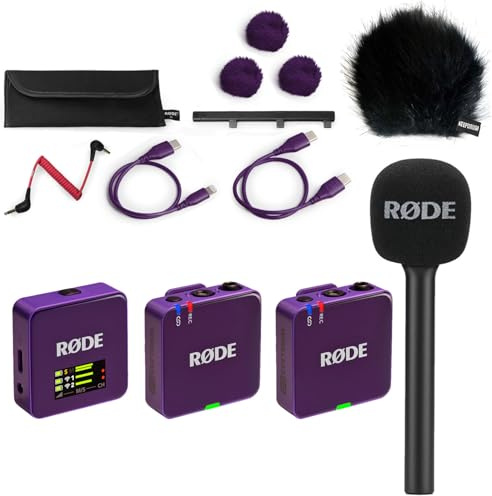 Rode Système de microphone sans fil GO Gen 3 2 canaux, violet, avec adaptateur manuel Interview GO et protection contre le vent en fourrure Keepdrum BK