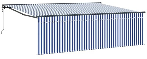 vidaXL Retractable Awning Blue and white 4.5 x 3 m Fabric, Adjustable Awning, Retractable Patio Cover, UV-Resistant Materials, Contemporary Deck Shade Solution for Outdoor Spaces