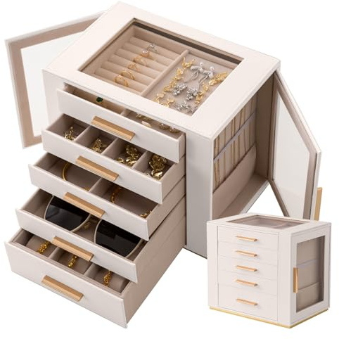 Granbest 5-stöckiger Schmuckkasten mit Glasdeckel, Hochkapazitäts Schmuckorganiser mit Schubladen & Spiegel, PU-Leder Schmuckkästchen für Halsketten, Ohrringe, Ringe, Armbänder (Weiß)