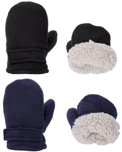Fjquamitix 2 Pairs Winter Baby Mittens Toddler Warm Polar Fleece Lined Gloves Fluffy Knit Mittens for Cold Weather Kids Girls Boys Age 0-4 Years (Black+Navy, S)