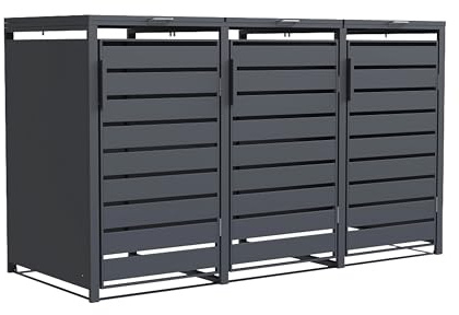 BESPACE Mülltonnenbox 3er Valto 240l anthrazit Lamellendesign | Mülltonnenverkleidung wetterfest, Unterstand, 3x 240l Mülltonnen, feuerverzinkter Stahl, Klappdach, BxTxH: 196x80x116 cm