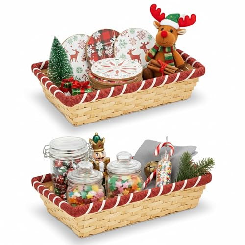 ALAYSTAR Set of 2 Rectangle Wicker Hamper Christmas Basket Handmade Natural Split Bamboo Hampers with Red Decorative Trim Xmas Gift Baskets & Storage Boxes