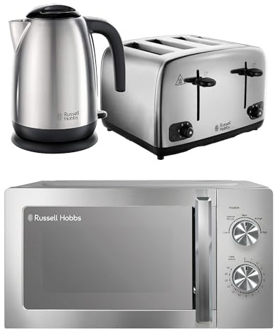 Russell Hobbs Classics Polished Stainless Steel Kitchen Set, 1.7L 3000W Kettle, 4 Slice Toaster with Variable Browning Levels & 20L 800W Microwave with 5 Power Levels, CLCSBNDL4SS