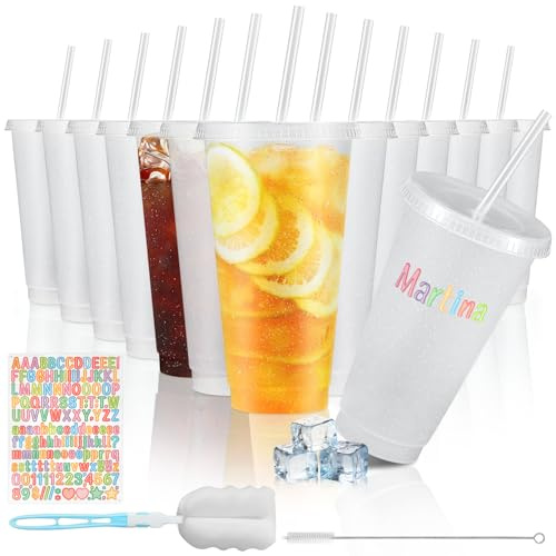 12 Pack 710ml Reusable Plastic Cups with Lid Straws Letter Stickers Brushes | Glitter Water Cold Coffee Tumber for Birthday Hen Do Party Travel Beverages Drinking