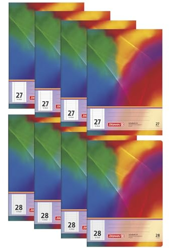 BRUNNEN Schulheft-Set DIN A4 | 8er Pack | 4x Lineatur 27 (liniert) & 4x Lineatur 28 (kariert) | Jeweils 16 Blatt | Mit Doppelrand (Innen & Außen)