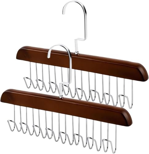 Belt Hanger for Wardrobe, 2 Pack Belt Hanger Wooden, Belt Rack with 8 Hooks,360 Degree Rotating Tie Hanger, Space Saving Belt Holder, Cabinet Organiser, Storage for Scarves, Ties, Belts (Brown)