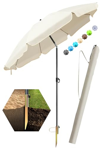 4smile Sonnenschirm Strand SET mit Rasendorn, Ø 180 cm, Beige | Strandschirm windfest stabil, inkl. Rasendorn Sonnenschirmhalter und Hülle - UPF 50+ Sonnenschirm, Schirmspieß für Garten