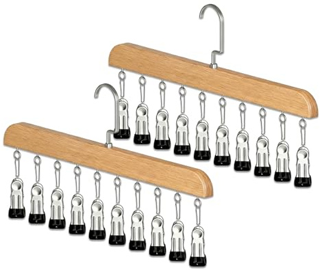 VELAJA Hosenbügel mit Klammern, 2er Set Kleiderbügel Holz mit 10 Clips, Platzsparende Kleiderbügel mit 360° Drehbarem Haken, Multifunktionaler Kleiderschrank-Organizer für Hosen, Socken & Unterwäsche