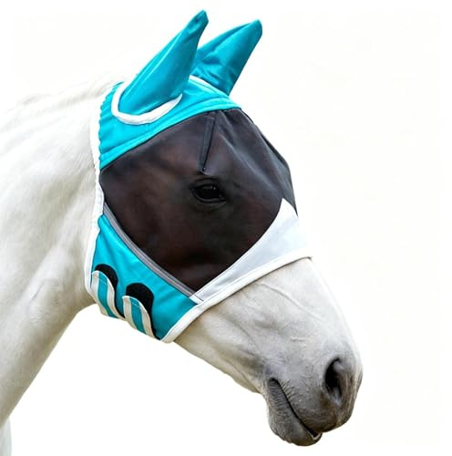 Maschera anti-mosche cavallo, rete traspirante semi-viso con orecchie, elastica UV per equidi, bestiame e fattoria campagna per tutte le stagioni