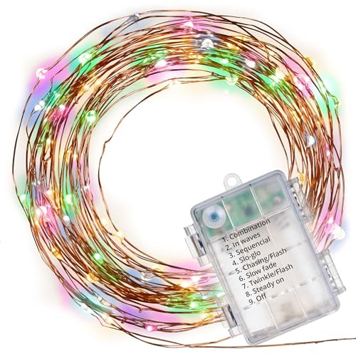 Nipach Lichterkette - 100 LED bunt- Kupferdraht – Batteriebetrieb - mit 8 Funktionen