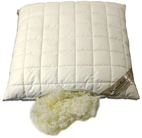 Merino Schafschurwolle Kopfkissen Kissen in 80x80 cm mit 1000 Gramm Schurwoll Kügelchen zur individuellen Höhenverstellung und unterstepptem Baumwollbezug - Made in Germany