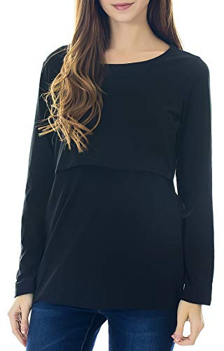 Smallshow Maglietta Allattamento Maniche Lunghe Donna Gravidanza T-Shirt Black L