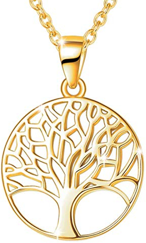 Collier Arbre de Vie Pendentif avec Chaîne en Argent Sterling 925 Plaqué Or Jaune Cadeau Bijoux pour Femme - Chaîne Longueur: 40+5 cm