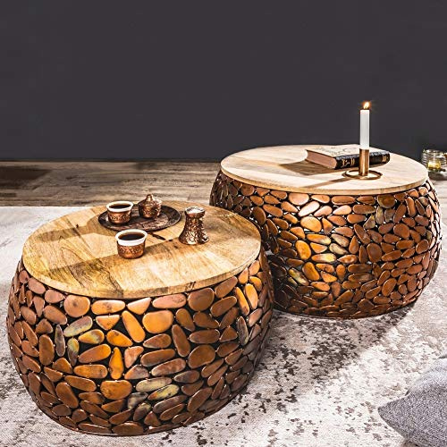 cagü 2er Set Couchtische Ravenna Kupfer Mangoholz mit Metallplättchen im Mosaik-Design handgefertigt 65cm/55cm