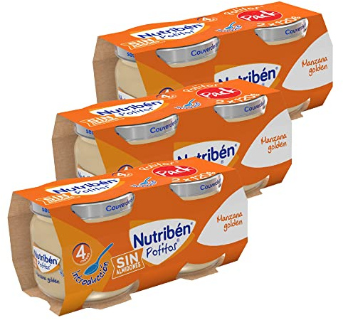 Nutribén Potitos | Tarrito de Introducción de Manzana Golden | Para Bebés a partir de 4 Meses | Sin Azúcares Añadidos | Sin Gluten, Sin huevo, Sin Leche | 3 Pack de 2 Unidades de 120g por Tarrito