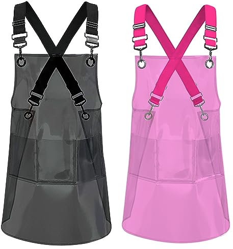 MIKI WELL 2 x wasserdichte Vinyl-Schürzen, transparente Schürzen mit breiten Schultergurten, Salonkoch, um sauber zu halten, Schwarz / Pink, 22.8” W 25.5” L
