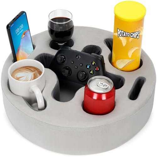 Soporte para tazas de sofá, almohada para portavasos | Organizador de bandeja para bebidas para cama, caravana, TV, coche, cueva de hombre, barco, control remoto, aperitivos, regalo para patatas,