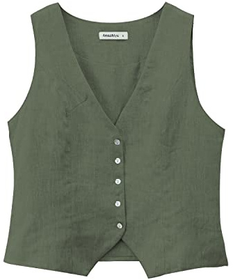 Chaleco de traje Amazhiyu para mujer, de lino sin mangas, con escote en V, corto, botones, ajuste estrecho, correas ajustables, verde, L
