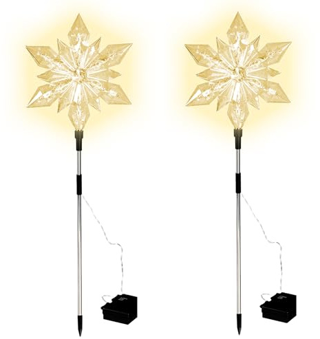 LED Gartenstecker Stern 2er Set mit Timer - 66 x 23 cm - Garten Deko Weihnachts Beleuchtung warm weiß - Weihnachten Winter Advent Außen Dekoration Batterie betrieben