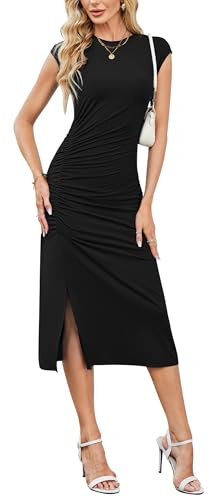 Newshows Damen Sommerkleid Figurbetont Lässig Gerüscht MidiKleid Flügelärmel Schlitz Enges Bleistift-T Shirt Kleid Schwarz,M