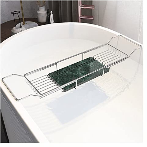 KHYTEBV Estante de Almacenamiento para bañera, Bandeja Extensible de Acero Inoxidable para bañera con Tabla de Cortar de mármol, se Adapta a la mayoría de bañeras Independientes
