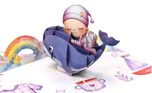 Biglietto pop-up 3D bebè con balena e arcobaleno – Biglietto pieghevole fatto a mano 13 x 18 cm, biglietto per bambino, nascita, battesimo, festa prenatale, biglietto di congratulazioni con busta