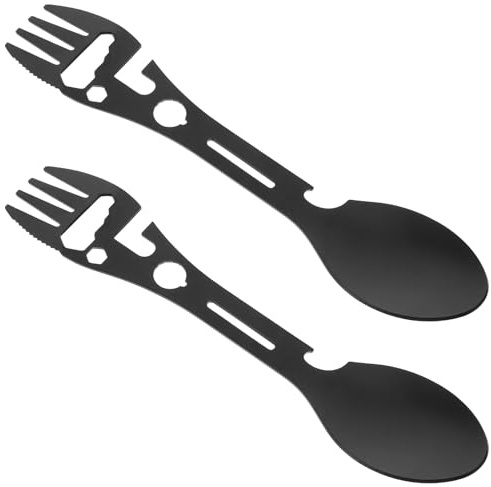 Alipis 2 pièces Fourchette Cuillère Multifonction pour Camping Acier Inoxydable Ouvre-bouteille Intégré Ustensiles Portables Ergonomiques pour Plein Air et Randonnée