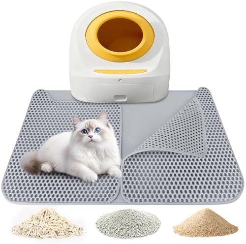 CAUTIOUS Matta för kattlåda, L, kattströ, dubbla lager, kattströ, matta med bikake- och dubbeldörrdesign, vattentätt halkfritt kattlådeunderlägg, EVA-material (grå)