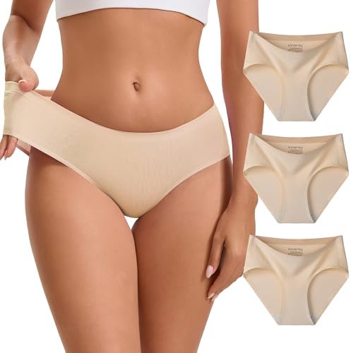INNERSY Womens Underwear Cotton Seamless Hipster Panties No Show Soft Bikini Briefs 3-Pack(Nude, Medium)