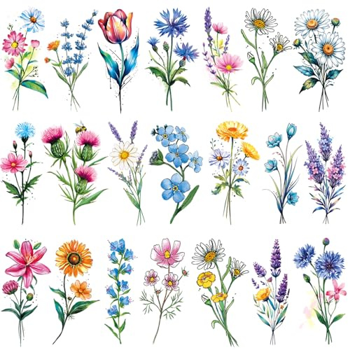 20 Sheets 3D Watercolor Flowers Temporary Tattoos For Women Girls Lily Daisy Lavender Dandelion Rose Tiny Floral Tattoos Sticker Realistic Long Lasting Fake Tattoo Stickers