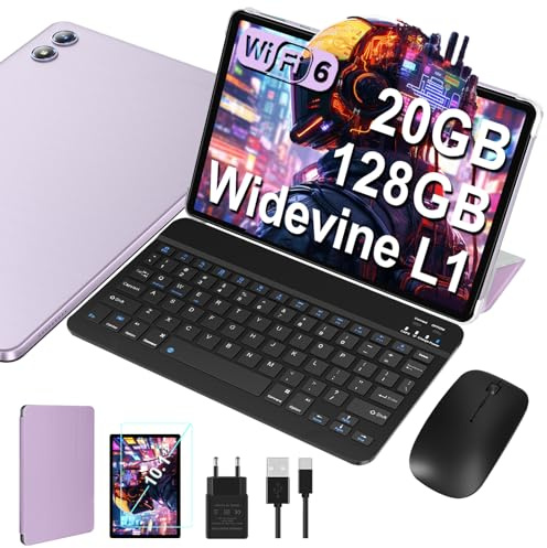 JUEDUR Android Tablet 10 Zoll, 20GB RAM+128GB ROM(1TB TF), 5G+2.4G WiFi 6, Octa-Core 1.8 GHz, Widevine L1, 1280 * 800, 6000mAh, 5MP+8MP, BT5.0, Mit Tastatur und Maus - Veilchen
